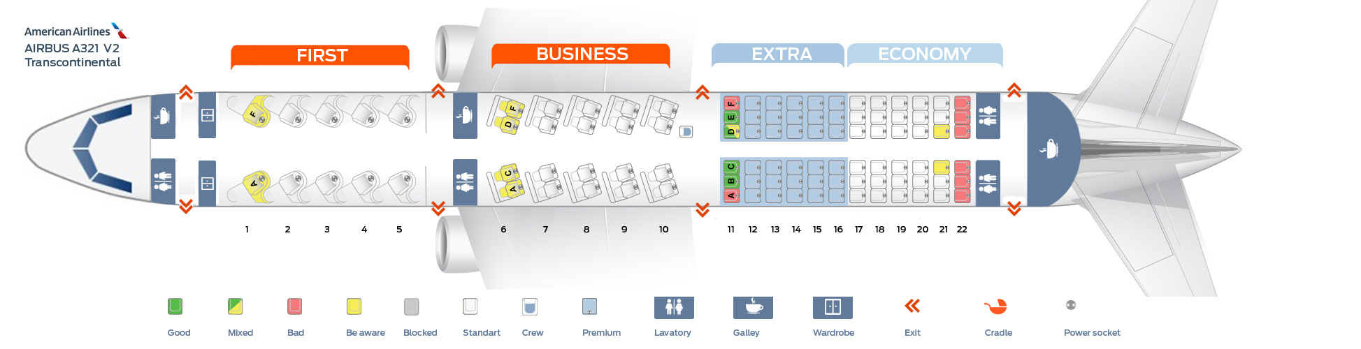 Seat map of the Airbus A321 American Airlines