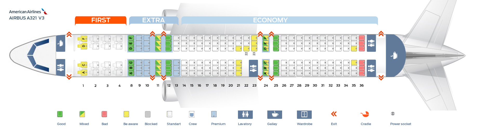 Seat map of the Airbus A321 American Airlines