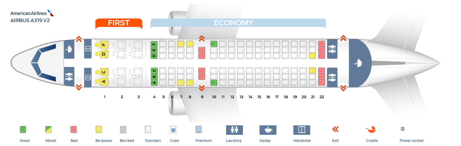 Seat map Airbus A319100 “American Airlines”. Best seats