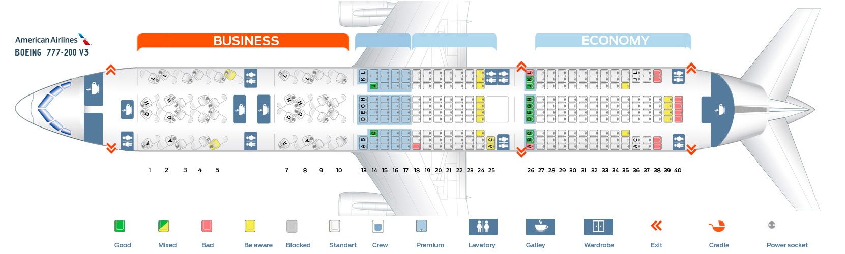 Seat map Boeing 777-200 American Airlines. Best seats in the plane