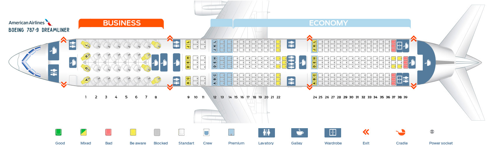 Seat map Boeing 7879 American Airlines. Best seats in the plane