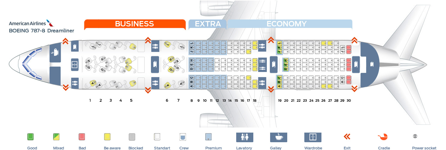 Seat map Boeing 7878 American Airlines. Best seats in the plane