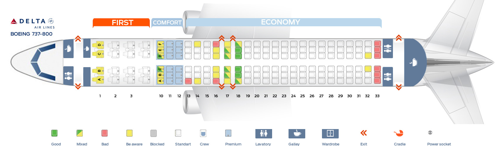 Seat map Boeing 737-800 Delta Airlines. Best seats in plane