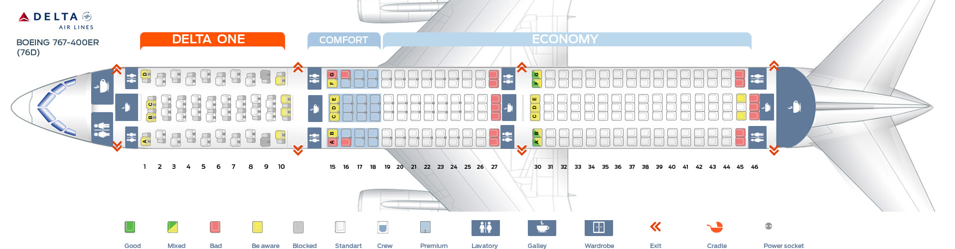 Seat map Boeing 767-400 Delta Airlines. Best seats in plane