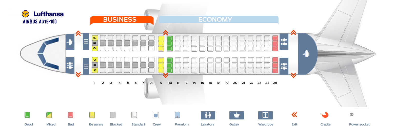 Seat map Airbus A319100 Lufthansa. Best seats in plane