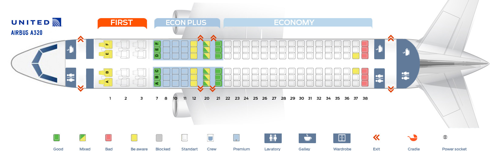 Seat map Airbus A320-200 United Airlines. Best seats in plane