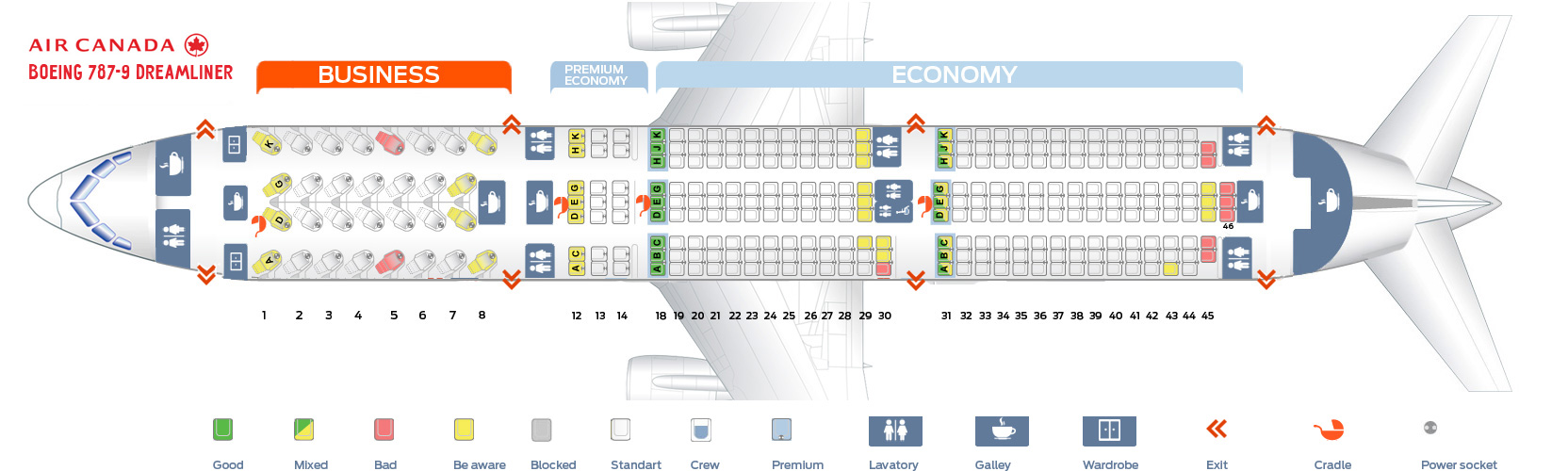 Seat map Boeing 7879 Dreamliner Air Canada. Best seats in
