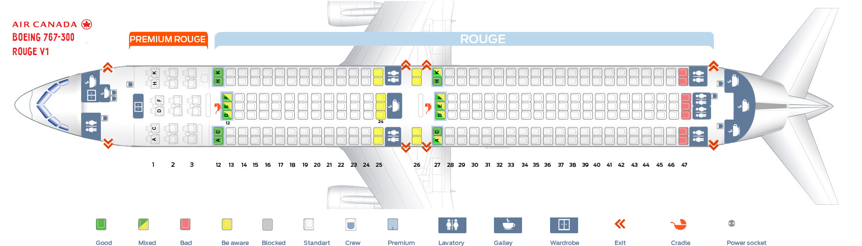 Seat map Boeing 767-300 Air Canada. Best seats in plane