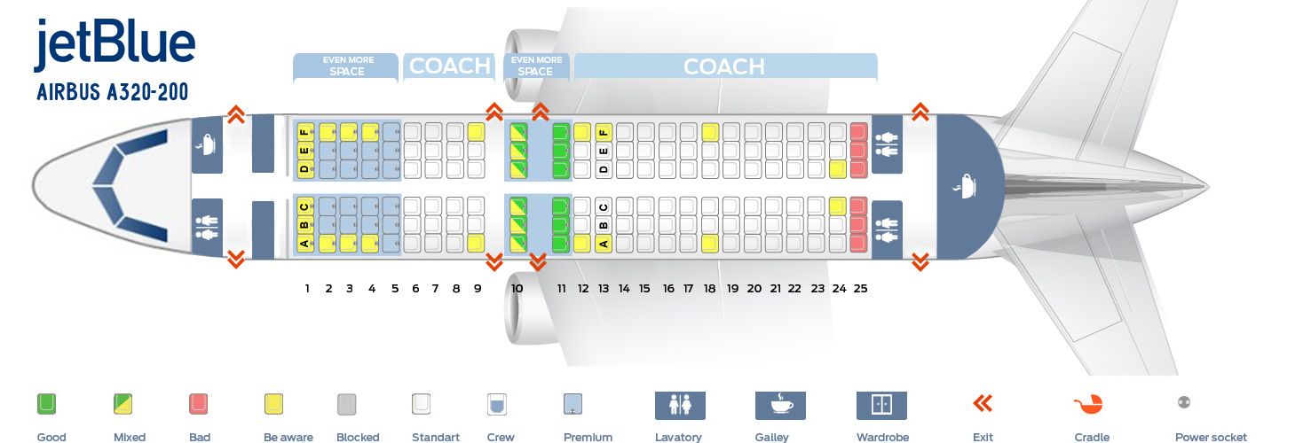 Seat map Airbus A320-200 JetBlue. Best seats in plane