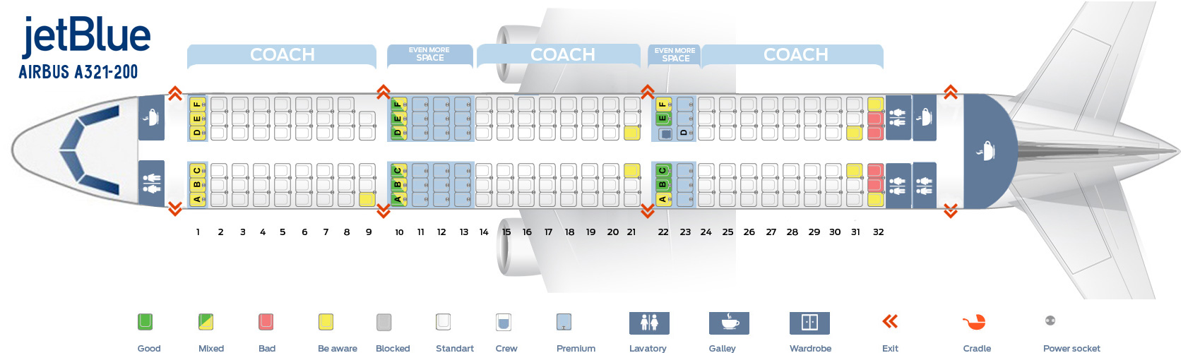 Seat map Airbus A321200 "JetBlue". Best seats in plane