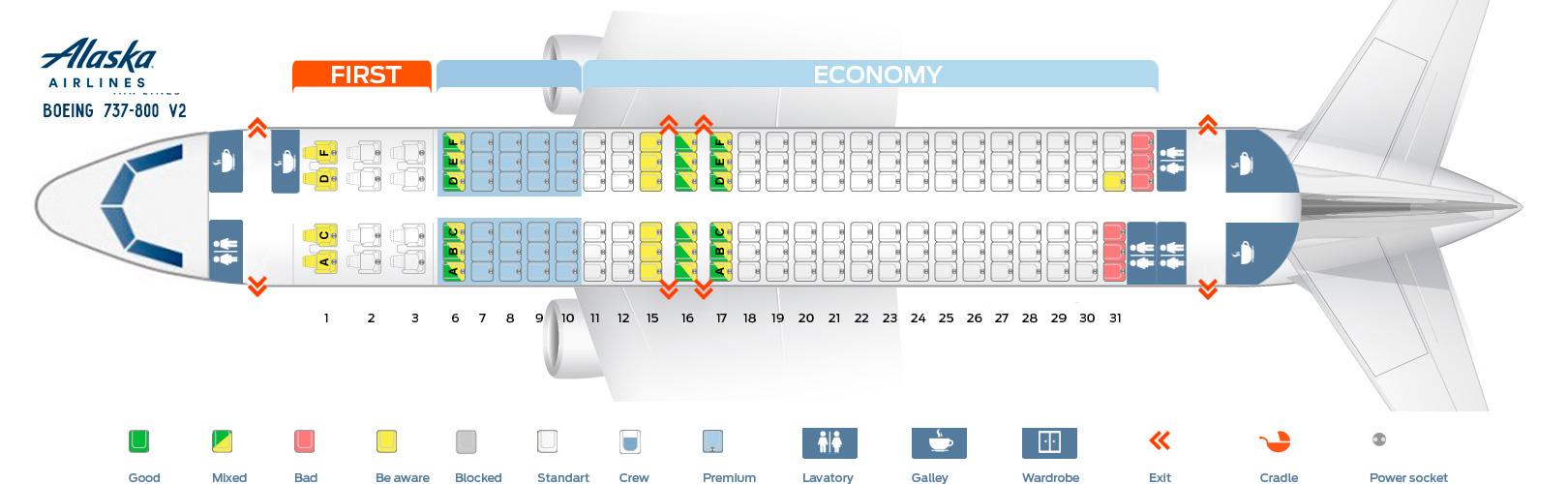 Seat map Boeing 737800 Alaska Airlines. Best seats in the plane