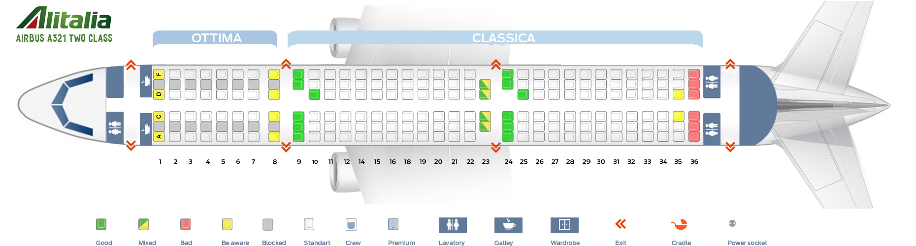 Seat map Airbus A321100 Alitalia. Best seats in the plane