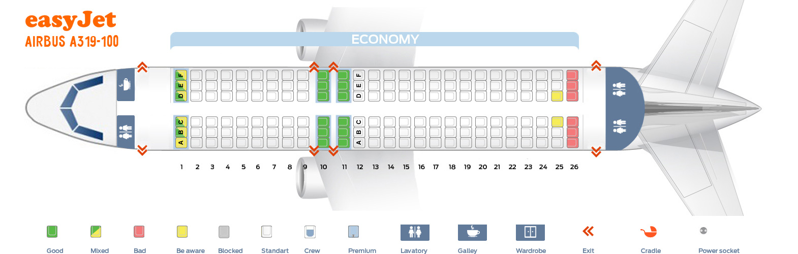 Seat map Airbus A319100 Easyjet. Best seats in the plane