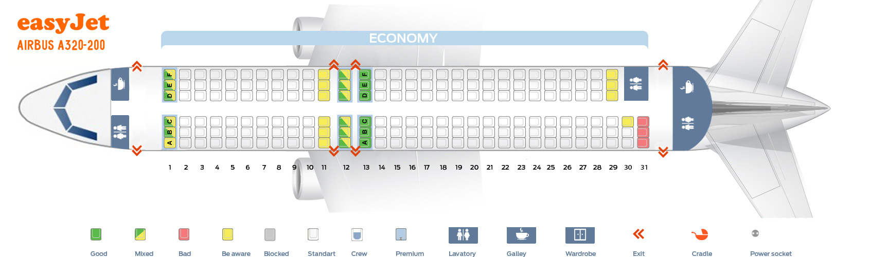 Seat map Airbus A320 Easyjet. Best seats in the plane