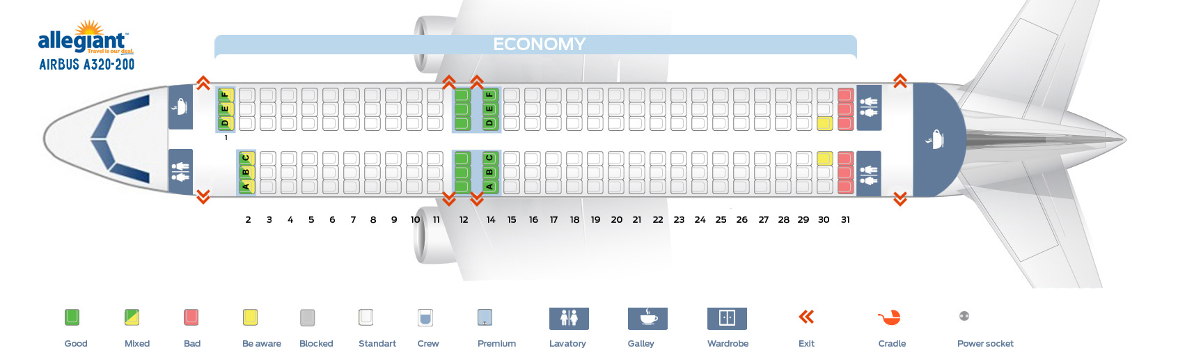 Seat map Airbus A320200 Allegiant Air. Best seats in the plane