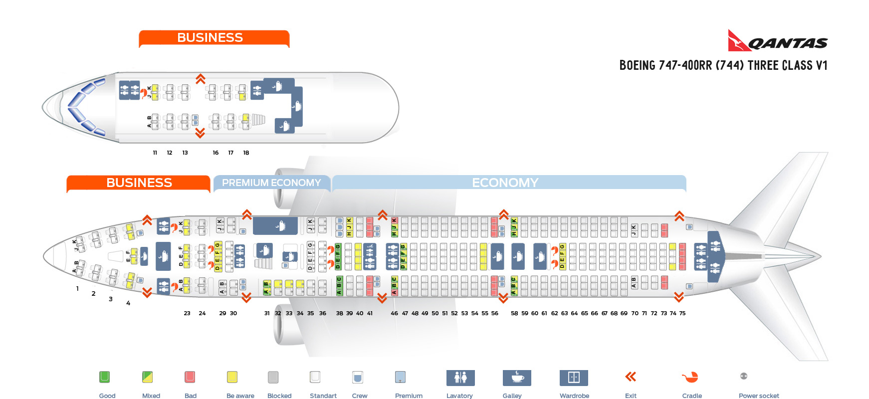 Seat map Boeing 747-400 Qantas Airways. Best seats in the plane