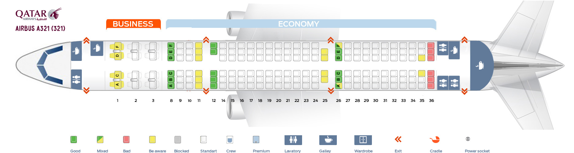 Seat map Airbus A321200 Qatar Airways. Best seats in the