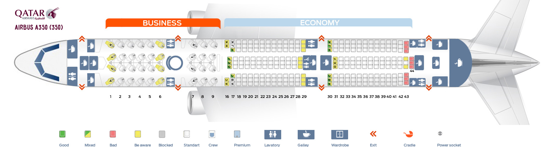 Seat map Airbus A350-900 Qatar Airways. Best seats in the plane