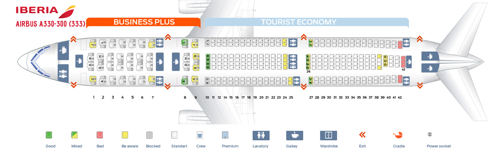 Seat map Airbus A330300 Iberia. Best seats in the plane