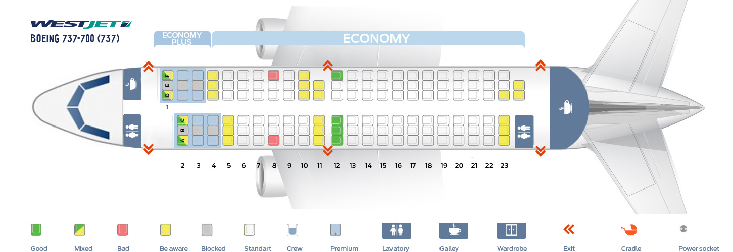 Seat map Boeing 737700 WestJet. Best seats in the plane
