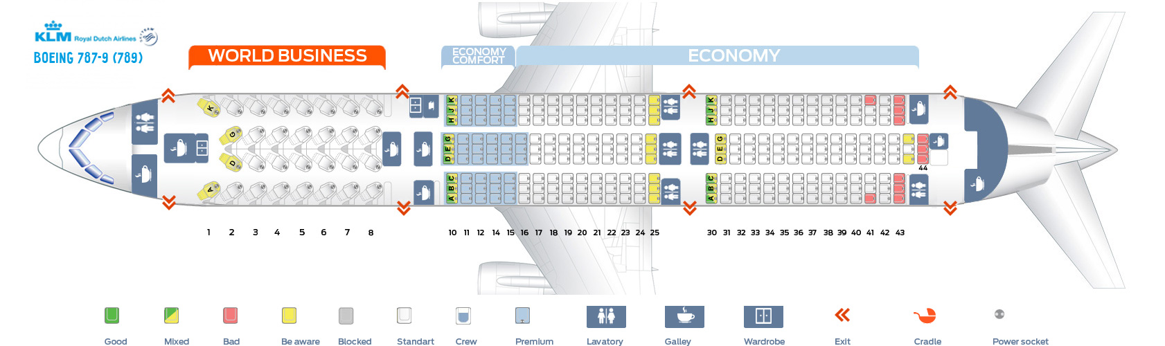 Seat map Boeing 7879 Dreamliner KLM. Best seats in the plane