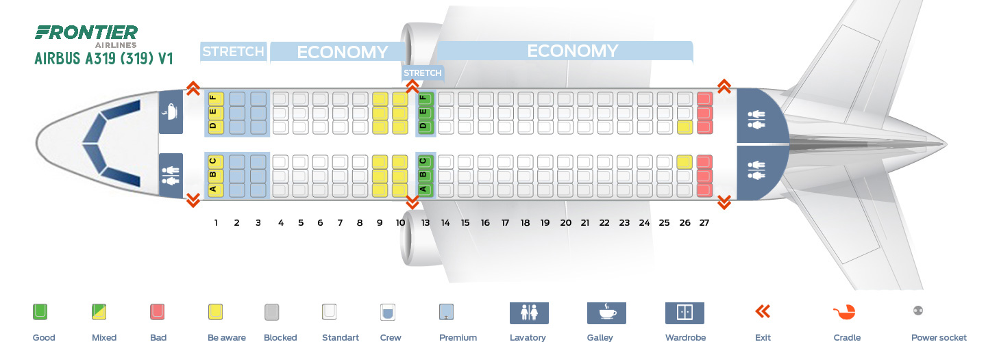 Seat map Airbus A319100 Frontier Airlines. Best seats in the plane