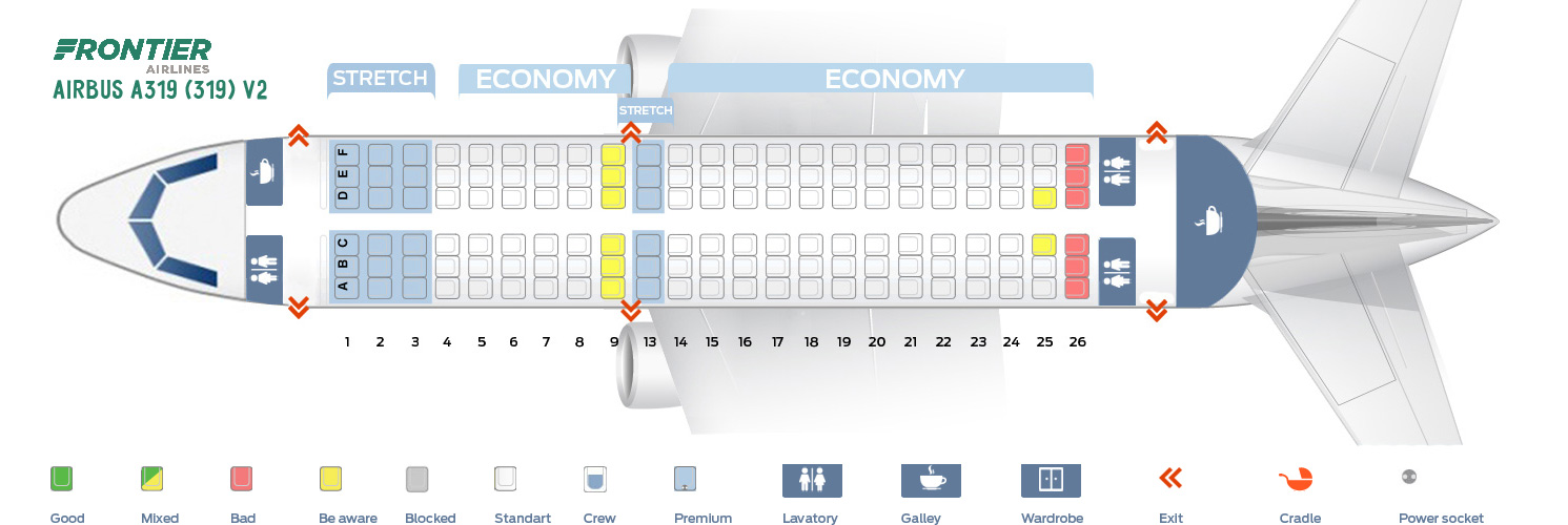 Seat map Airbus A319100 Frontier Airlines. Best seats in the plane