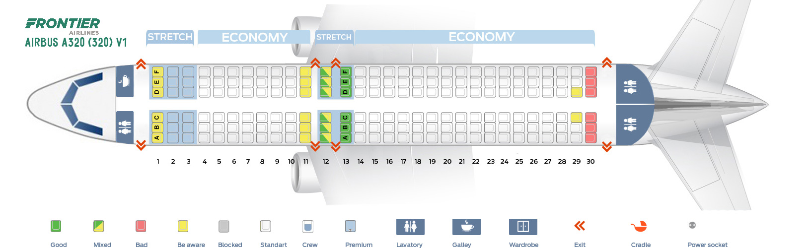 Seat map Airbus A320200 Frontier Airlines. Best seats in the plane