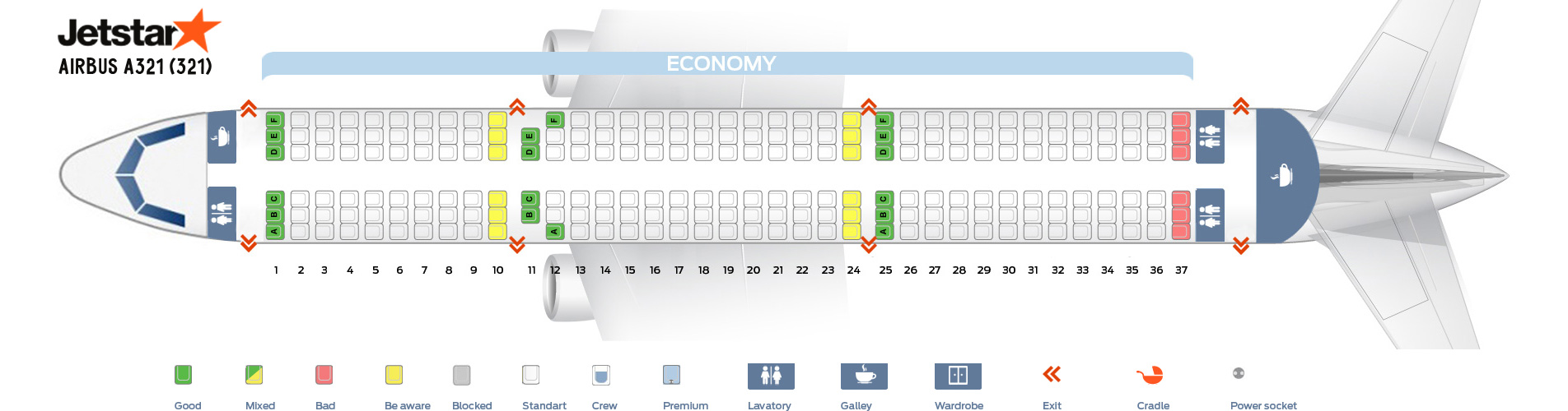 Seat map Airbus A321200 Jetstar. Best seats in the plane