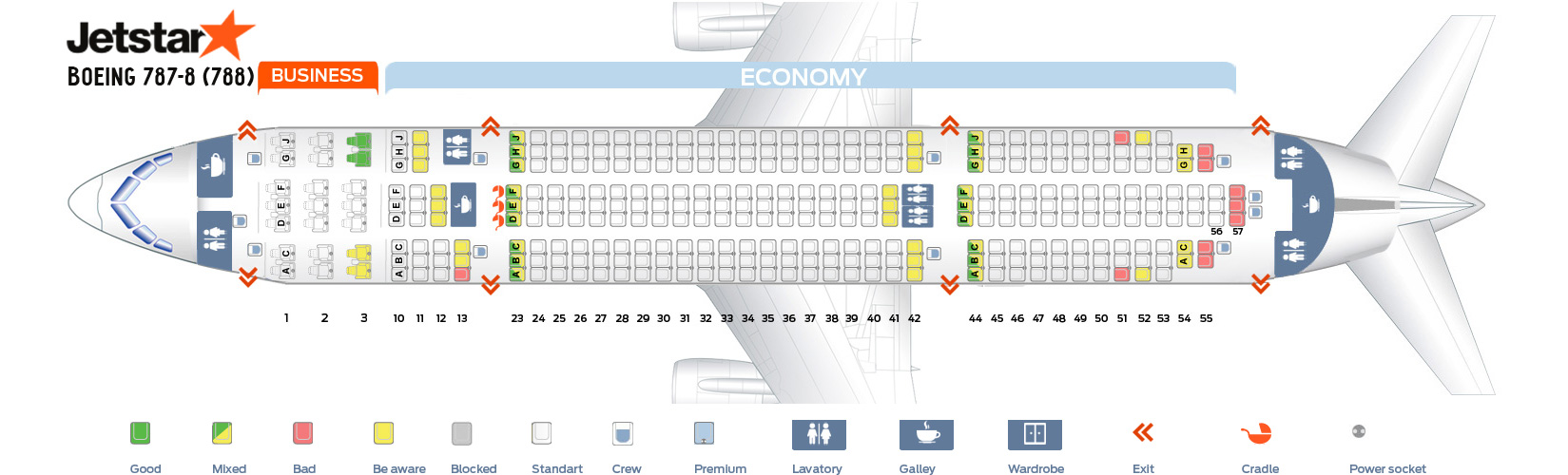 Seat map Boeing 7878 Dreamliner Jetstar. Best seats in