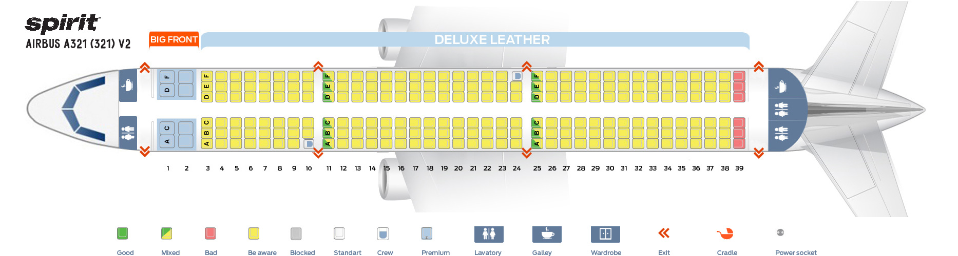 Seat map Airbus A321200 Spirit Airlines. Best seats in