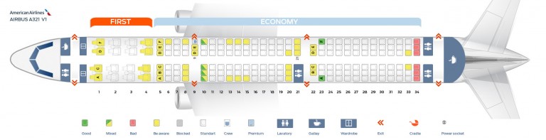 Seat map of the Airbus A321 American Airlines