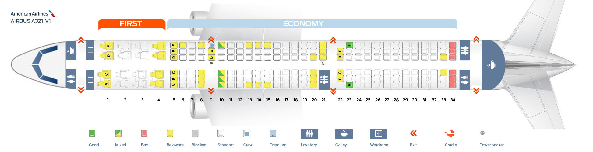 Airbus A321 Seat Map Seat map of the Airbus A321 American Airlines