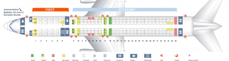 Seat map Boeing 757-200 American Airlines. Best seats in the plane