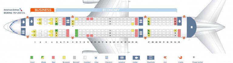 Seat map Boeing 757-200 American Airlines. Best seats in the plane