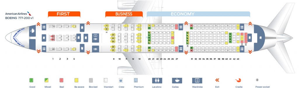 Seat map Boeing 777-200 American Airlines. Best seats in the plane