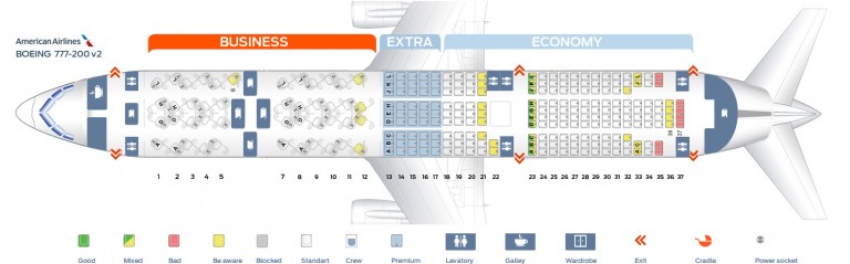 Seat map Boeing 777-200 American Airlines. Best seats in the plane