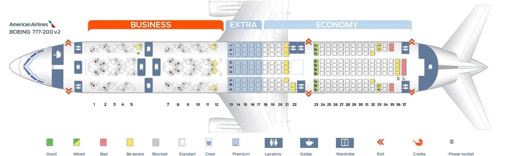 Seat map Boeing 777-200 American Airlines. Best seats in the plane