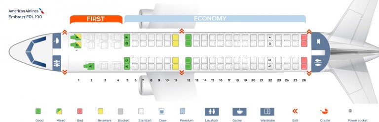 Seat map Embraer ERJ-190 American Airlines. Best seats in the plane