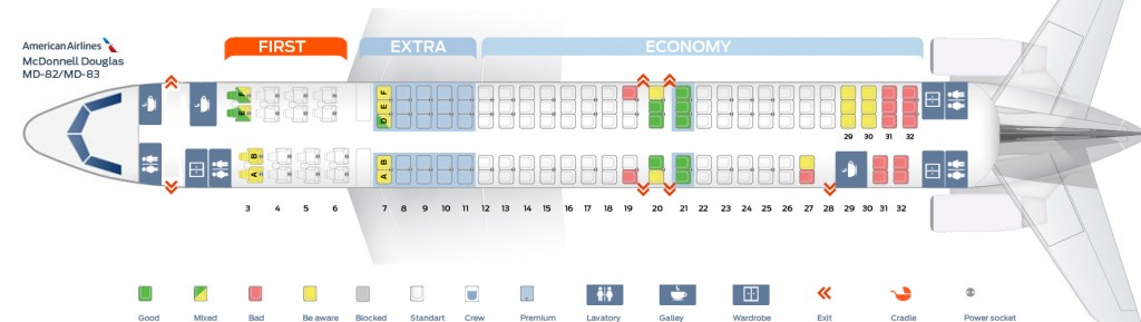 Seat map McDonnell Douglas MD-83 American Airlines. Best seats in the plane