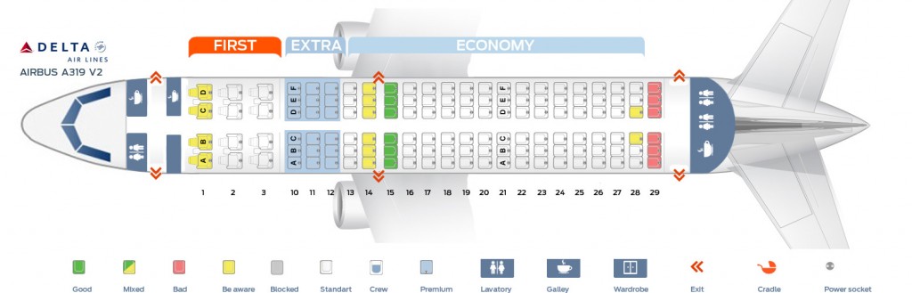 Seat map Airbus A319-100 Delta Airlines. Best seats in plane