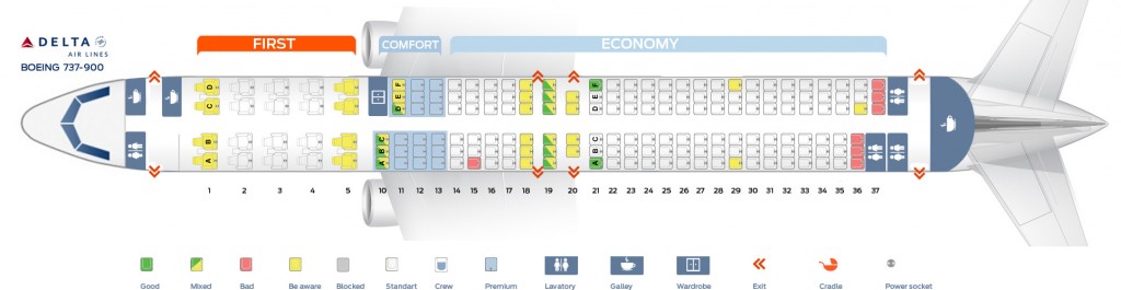 Seat map Boeing 737-900 Delta Airlines. Best seats in plane