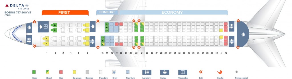 Seat map Boeing 757-200 Delta Airlines. Best seats in plane