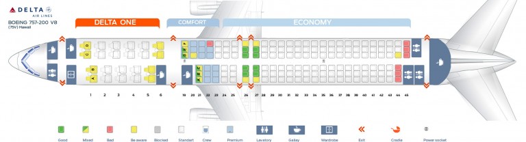 Seat map Boeing 757-200 Delta Airlines. Best seats in plane