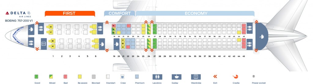 Seat map Boeing 757-200 Delta Airlines. Best seats in plane