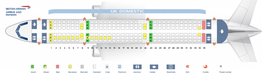 Seat map Airbus A321-200 British Airways. Best seats in plane
