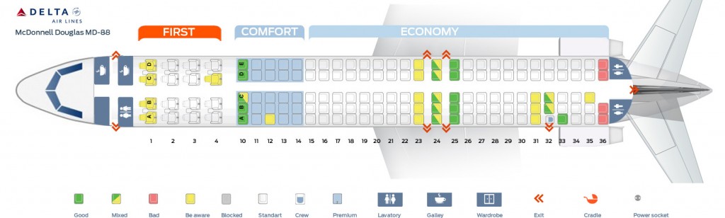 Seat map McDonnell Douglas MD-88 Delta Airlines. Best seats in plane