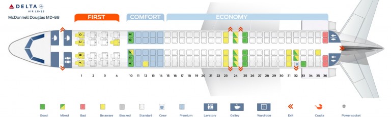 Seat map McDonnell Douglas MD-88 Delta Airlines. Best seats in plane