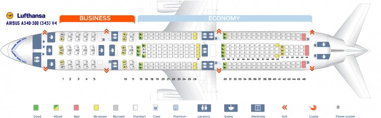 Seat map Airbus A340-300 Lufthansa. Best seats in plane