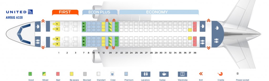 Seat map Airbus A320-200 United Airlines. Best seats in plane
